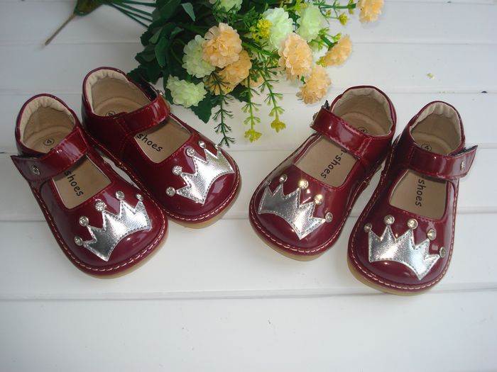 Patent Leather Toddler Girl Squeaky Shoes with Sliver Crown&Shining Stones