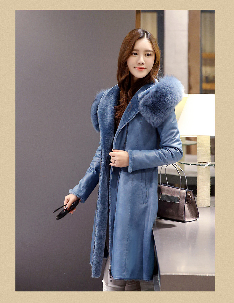 Lady's Hooded Shearling and Lamb Leather Coat Long Style