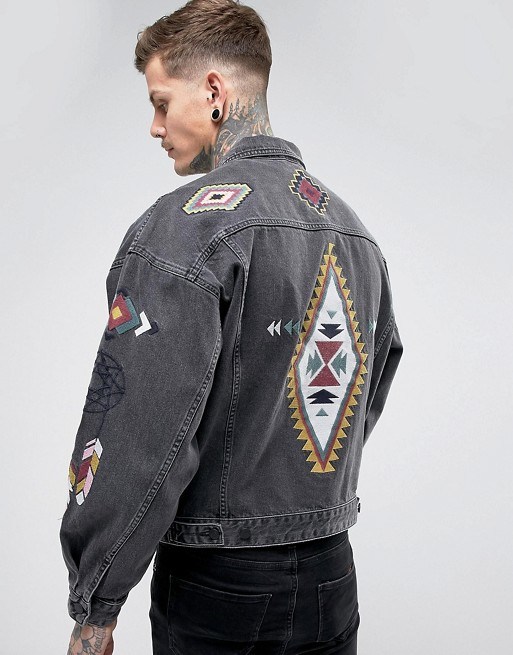 Denim Oversized Jacket with Embroidery in Washed Black