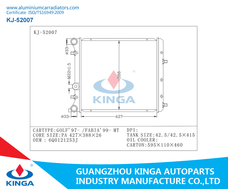Engine Radiator for Volkswagen Golf'97-/Fabia'99- 6q0121253j Auto Radiator