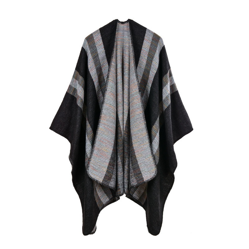 Women's Color Block Open Front Blanket Poncho Bohemian Cashmere Like Cape Thick Warm Stole Throw Poncho Wrap Shawl (SP227)