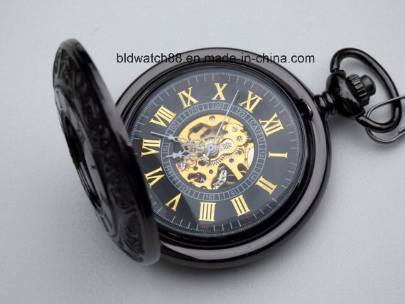 Custom Engraved Black Roman Numeral Mechanical Wind up Pocket Watch