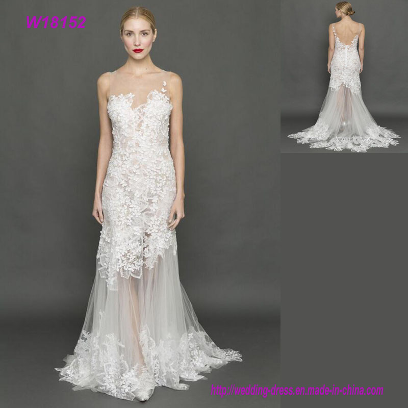 Newest A Line 3D Flowers Lace Grey Tulle Wedding Dresses