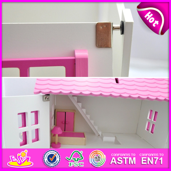 2014 New Wooden Kids Toy Dollhouse, Lovely Design Pink Kids Dollhouse Toy and Hot Selling Wooden Kids Dollhouse Set W06A077
