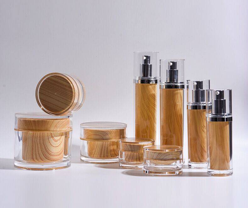 15m-130ml Cylinder Plastic Acrylic Lotion Bottle and Jars with Wood Like Printing