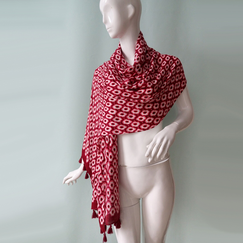 Cotton Material, Geometry Printed Scarf with Tassel