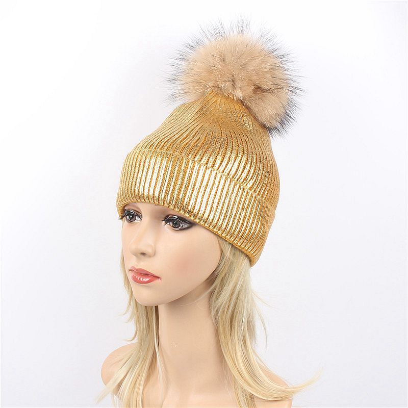 Gold Silver Purple Metallic Acrylic Skullies Girls Real Raccoon Fur POM POM Knitted Cap Hat Beanie (HW138)