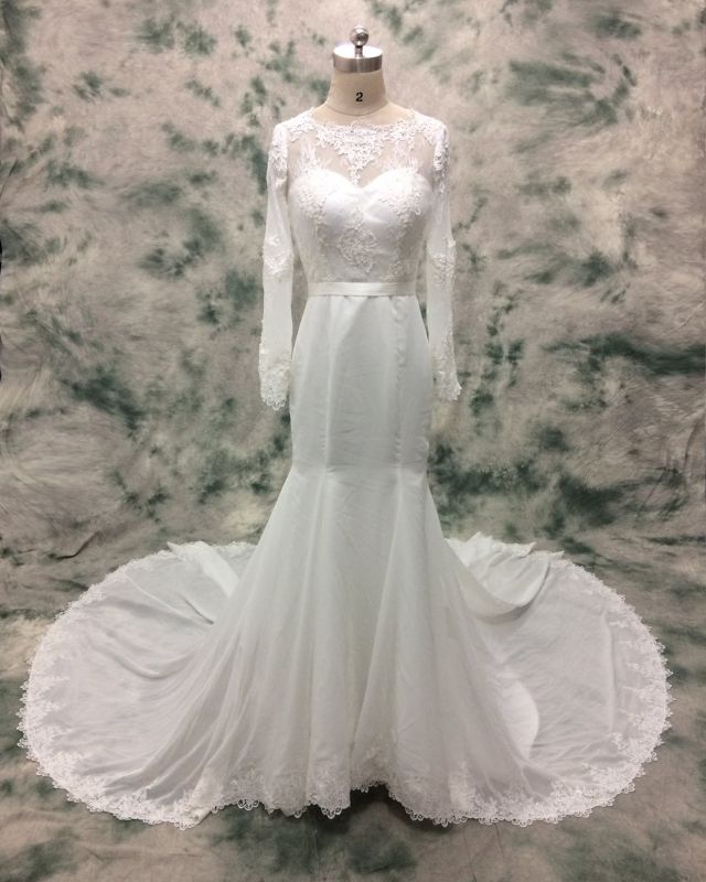 Long Sleeve Cathedral Train Chiffon Fit and Flare Wedding Dress