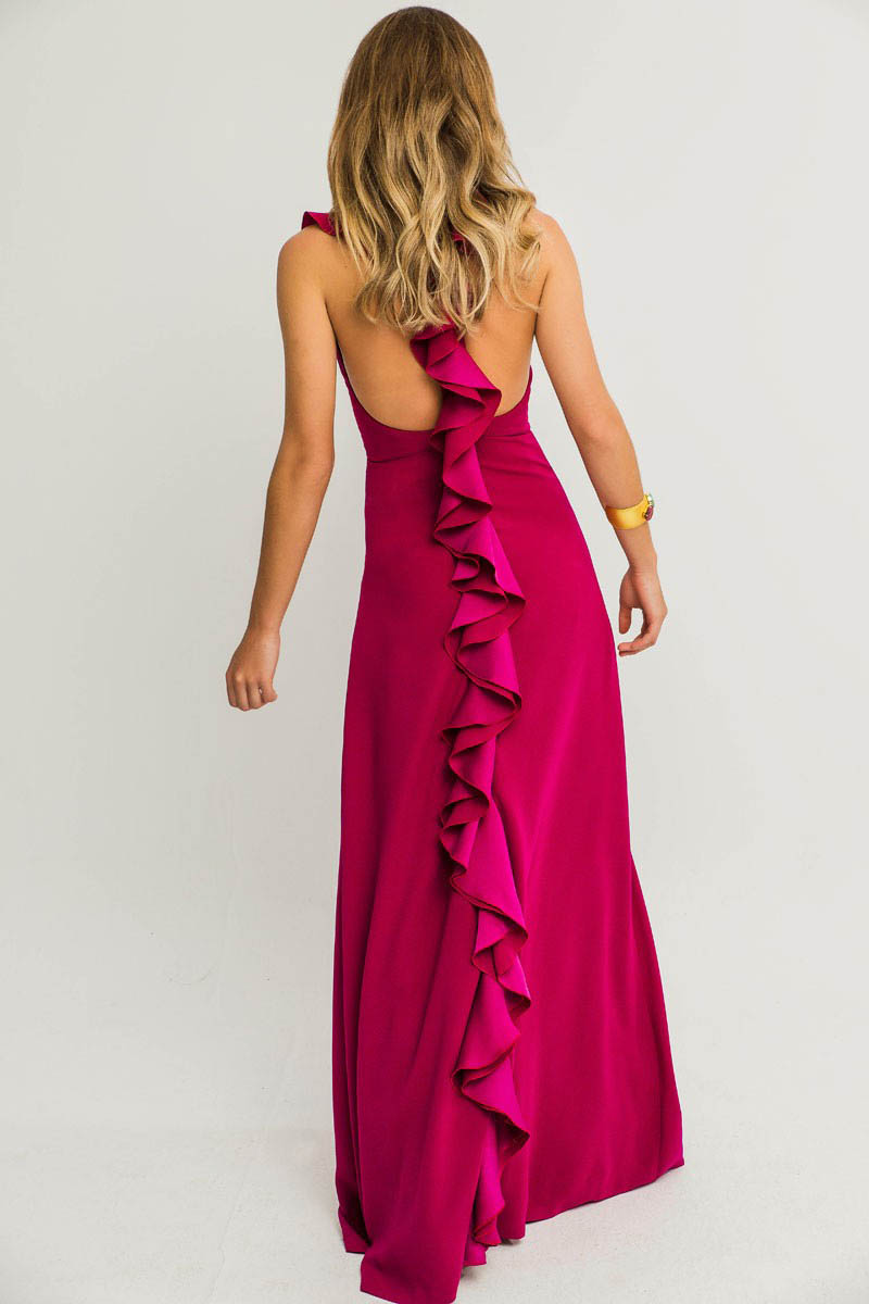 Elegant Sleeveless A-Line Evening Dress with Ruffles on Back