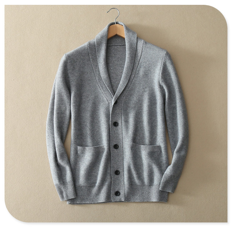 Men's Pure Cashmere Knitting Cardigan for Winter Thick Sweater Coat with Insert Pocket V Neck Single Breasted