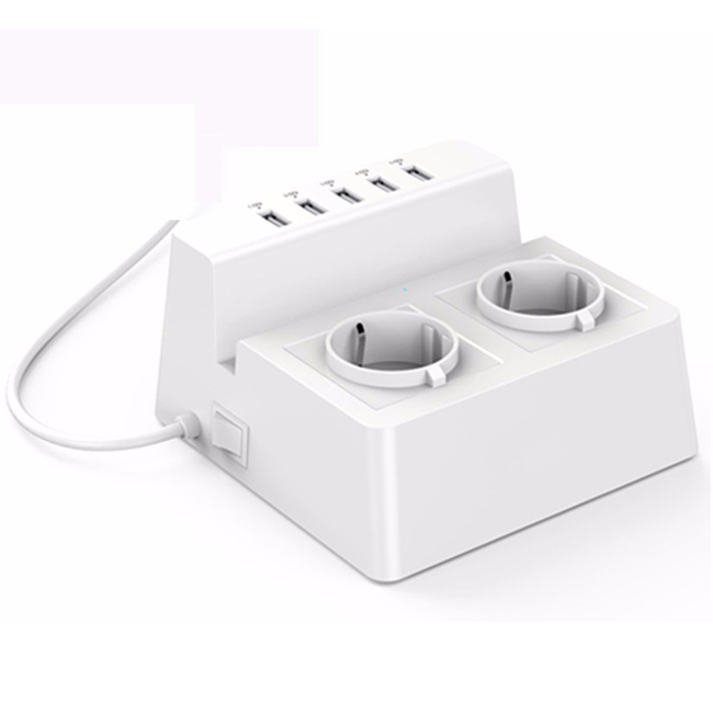 Smart Charging Desktop Charger with 2 AC EU Us Au UK Outlets and 5 Ports USB Charger