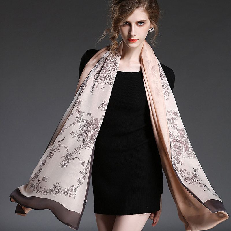 Silk Chiffon Double Scarf Black Flower Prints for Women Scarves Sp20-2