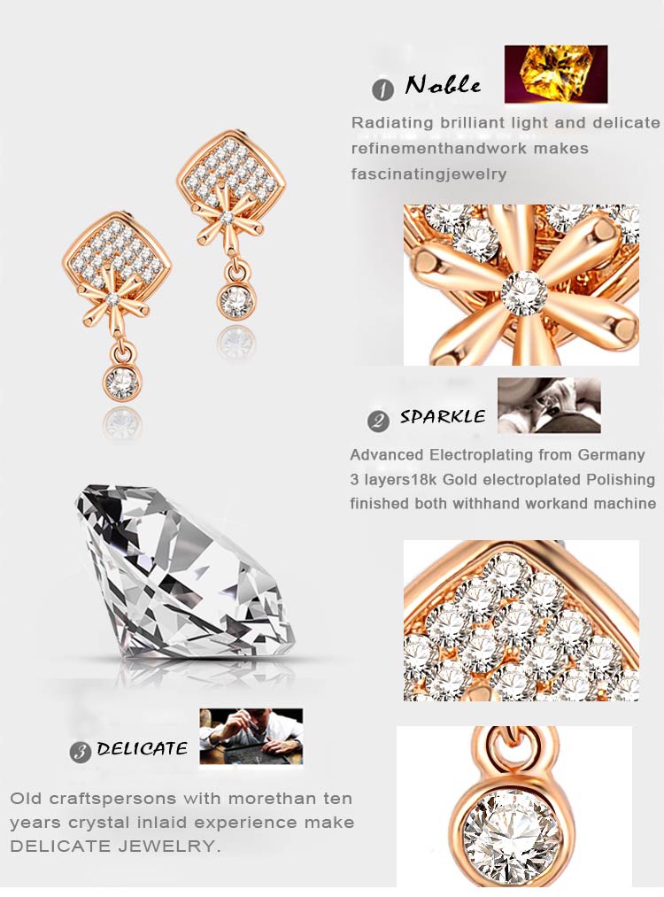 Gold Platred Crystal Square with Flower Dangle Party Earring (ER0024-C)