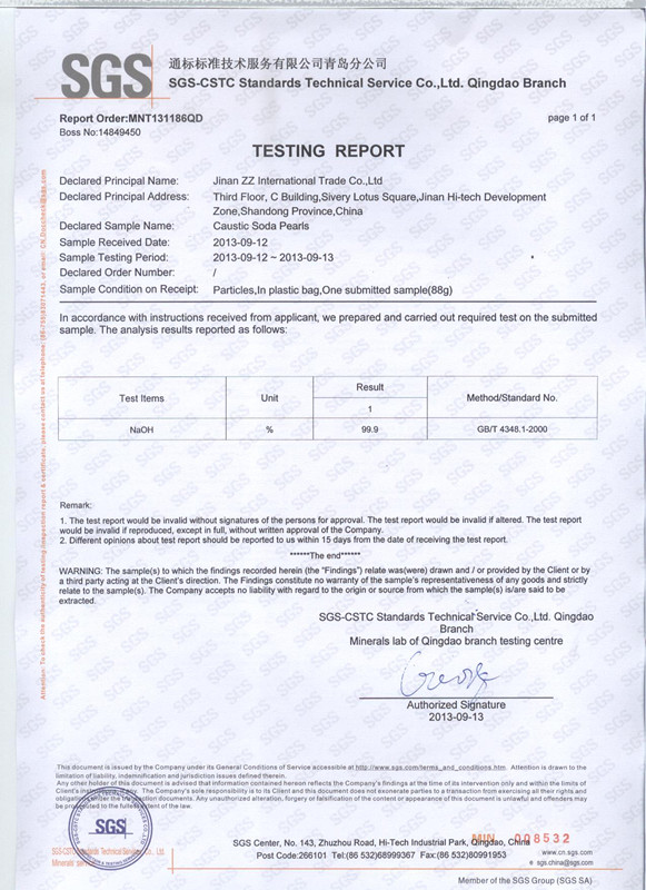 Caustic Soda Pearls (99%) with SGS Test Report