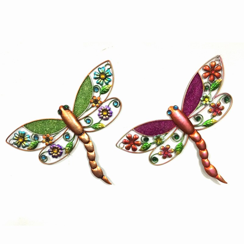 Chunk Glass Decorated Colorful Dragonfly Metal Wall Decoration for Garden