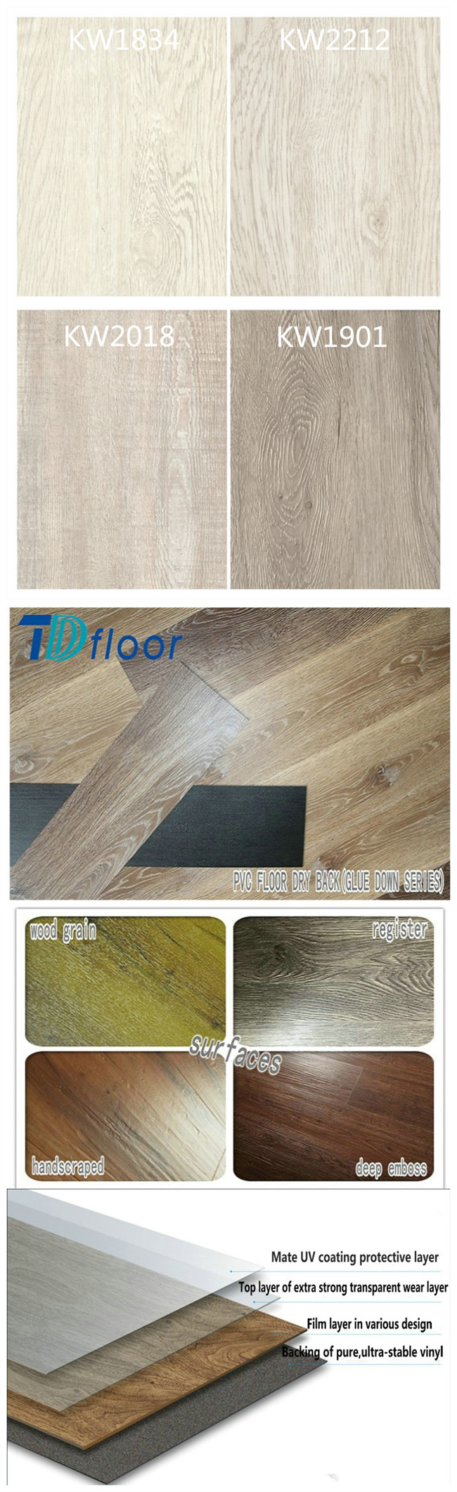 White Color Wood Pattern Dry Back Glue Down Vinyl PVC Flooring