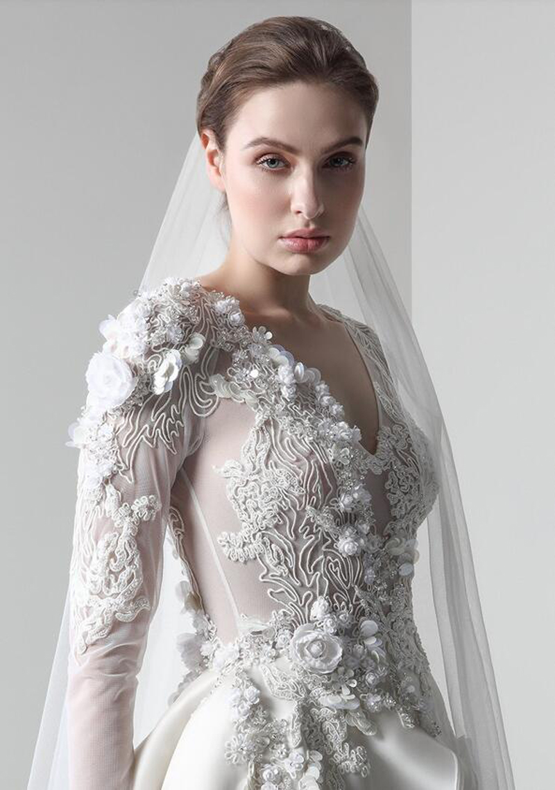 Beaded Deep V Long Sleeve Multi-Layerwedding Dress with Chapel Train