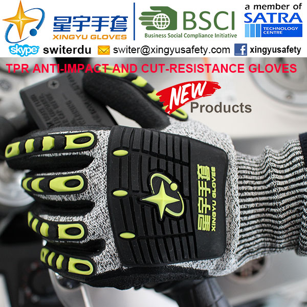 Cut-Resistance and Anti-Impact TPR Gloves, 18g Hppe Shell Cut-Level 3, Foam Nitrile Palm Coated, Anti-Impact TPR on Back Mechanic Gloves