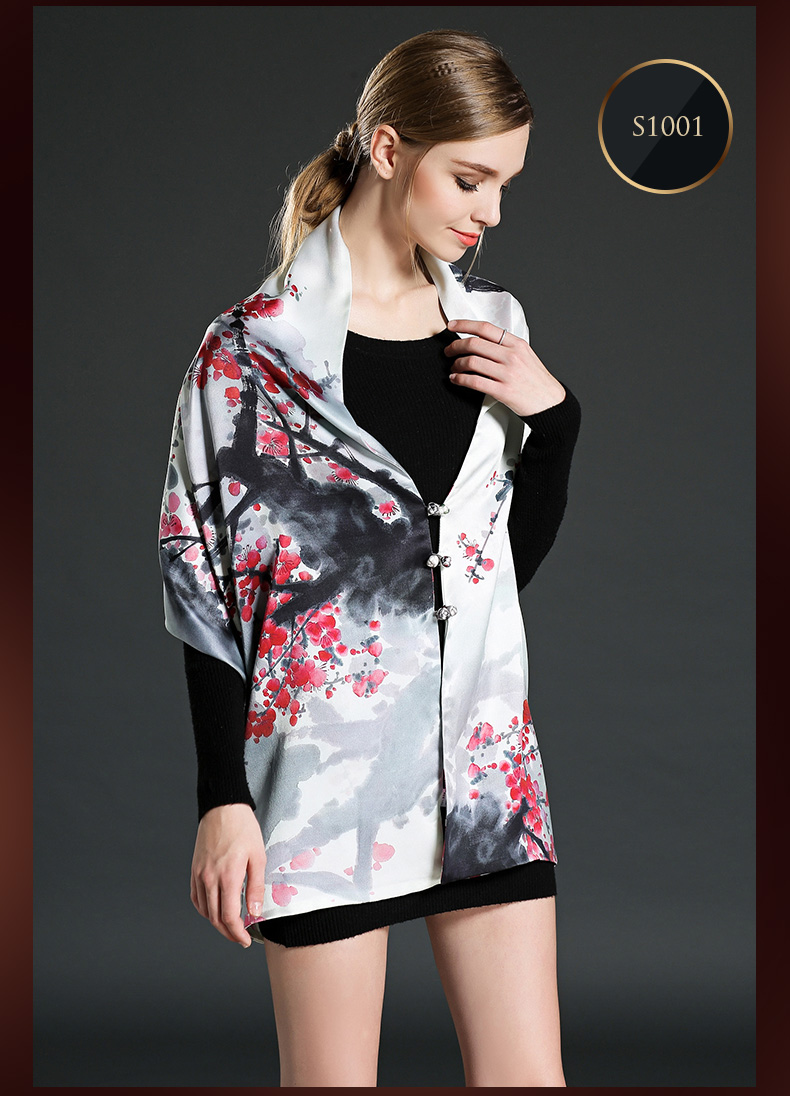 Plum Blossom Design Digital Printing Scarf Shawl with Buttons