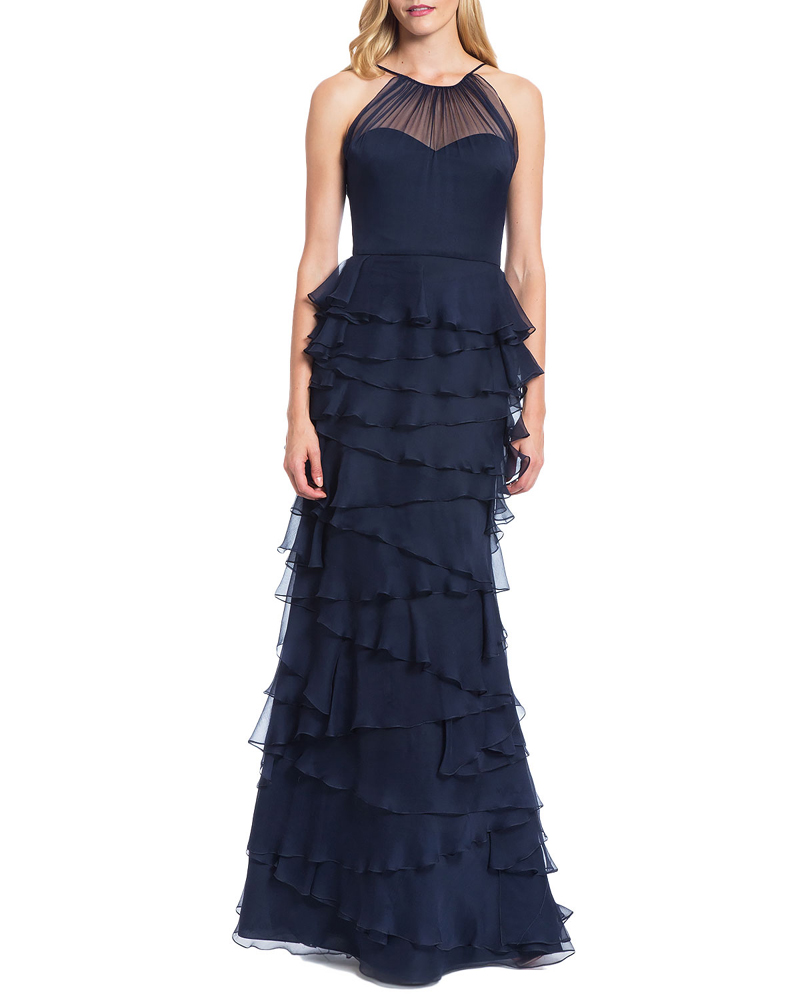 Spanghetti Strap Tiered Ruffle Shirt Evening Dress