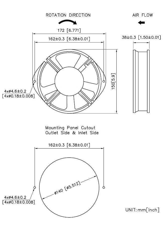 172mmx150mmx38mm Glass Reinforced Thermo Plastic DC Axial Fan