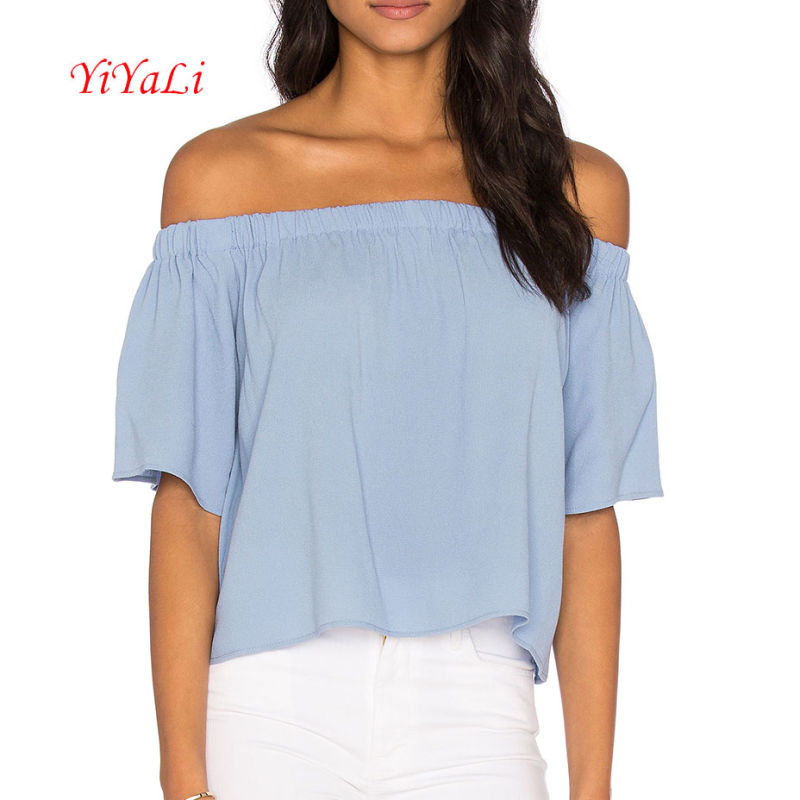 Blue off Shoulder Leisure Top for Romantic Women