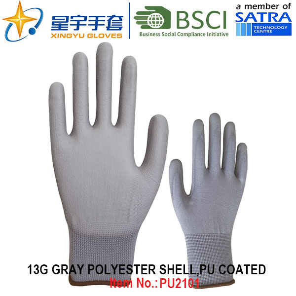 13G Polyester Shell PU Coated Gloves (PU2101) with CE, En388, En420, Work Gloves