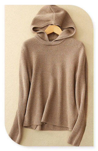 Lady's Pure Cashmere Hooded Sweater Pullover with Crew Neck Long Sleeves Sweater for Autumn/Winter