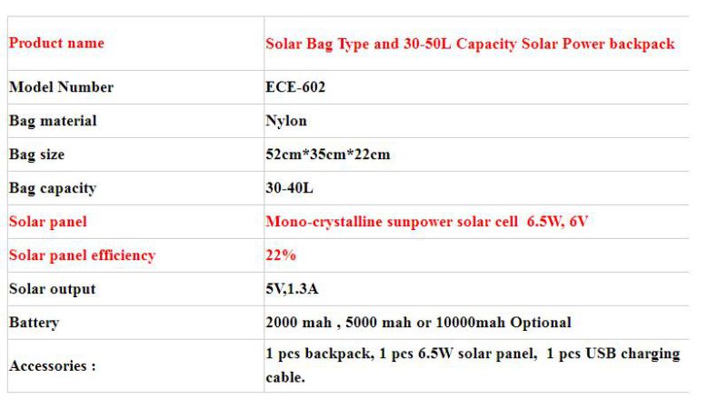 Solar Bag Type and 30-50L Capacity Solar Power Backpack