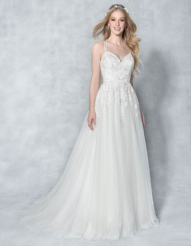 Delicate Embroidery Adorns Soft Tulle A-Line Wedding Dress with Sparkling Straps at The Back