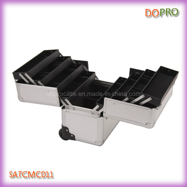 Silver ABS Material Aluminum Trolley Cosmetic Case with Eight Trays (SATCMC011)