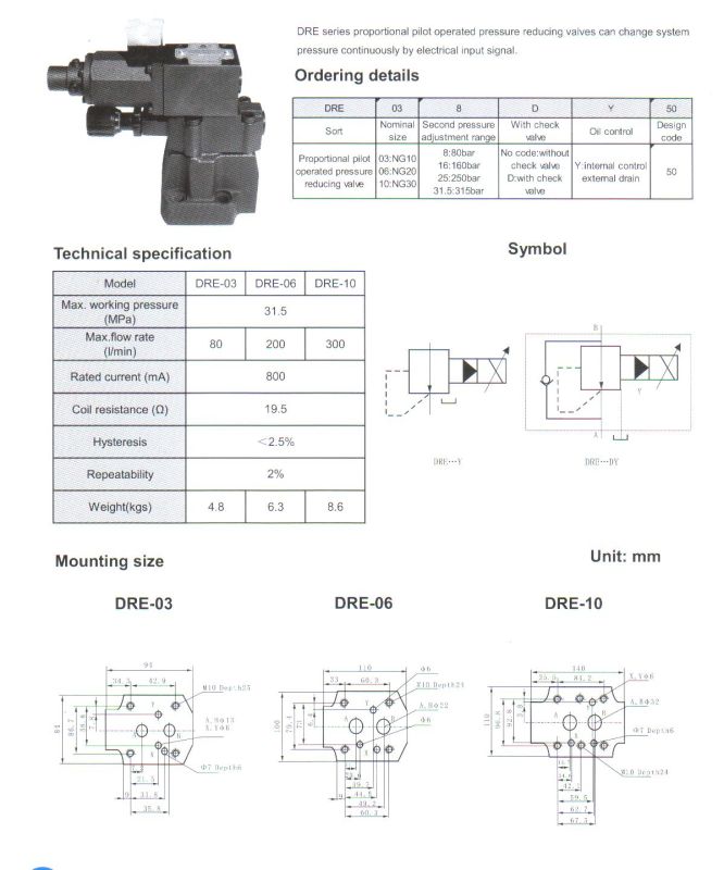 Dre Series Proportional Pilot Operated Pressure Reducing Valves