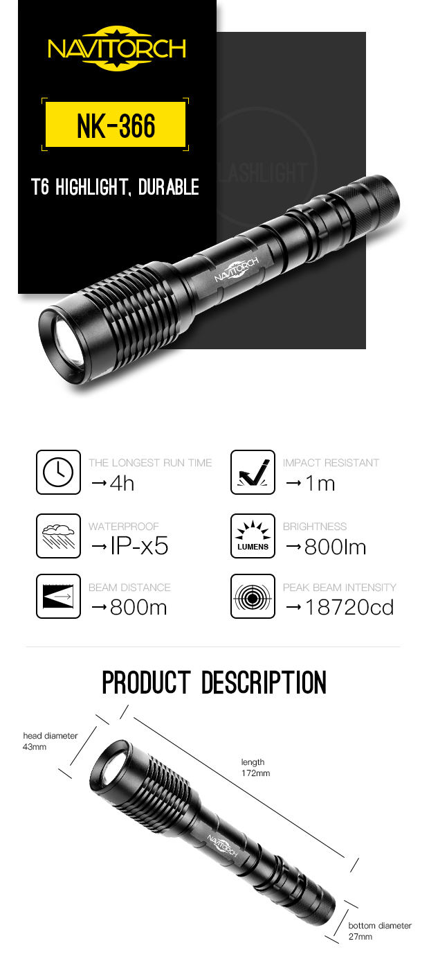 T6 Zoomable Durable Waterproof LED Flashlight with 18650 Battery (NK-366)