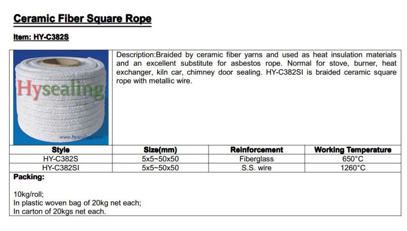 Square Fiber Rope Ceramic with Metallic Wire