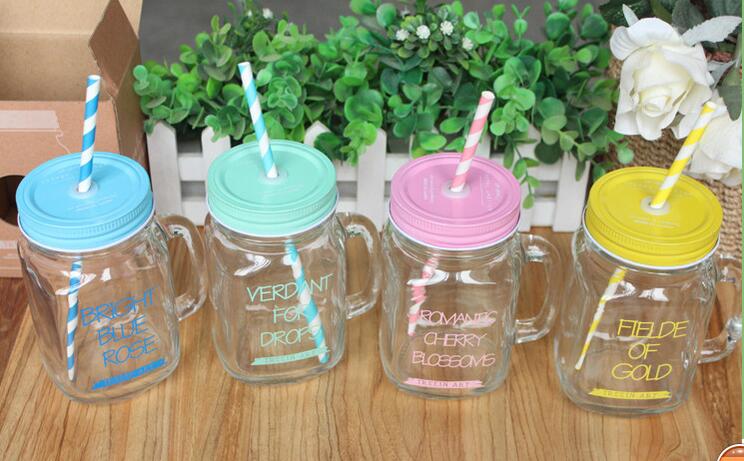 Factory Supply High Flint Decal Custom Logo Glass Mason Jar for Beverage with Beautiful Metal Lid and Straw Wholesale