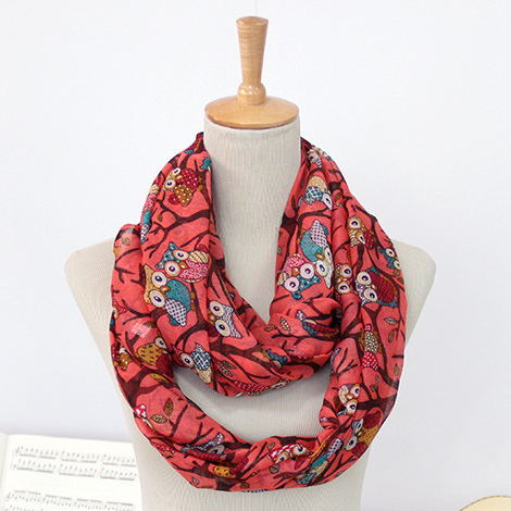 Women's Spring Summer Long Owl Printing Scarf Loop Snood (SW148)