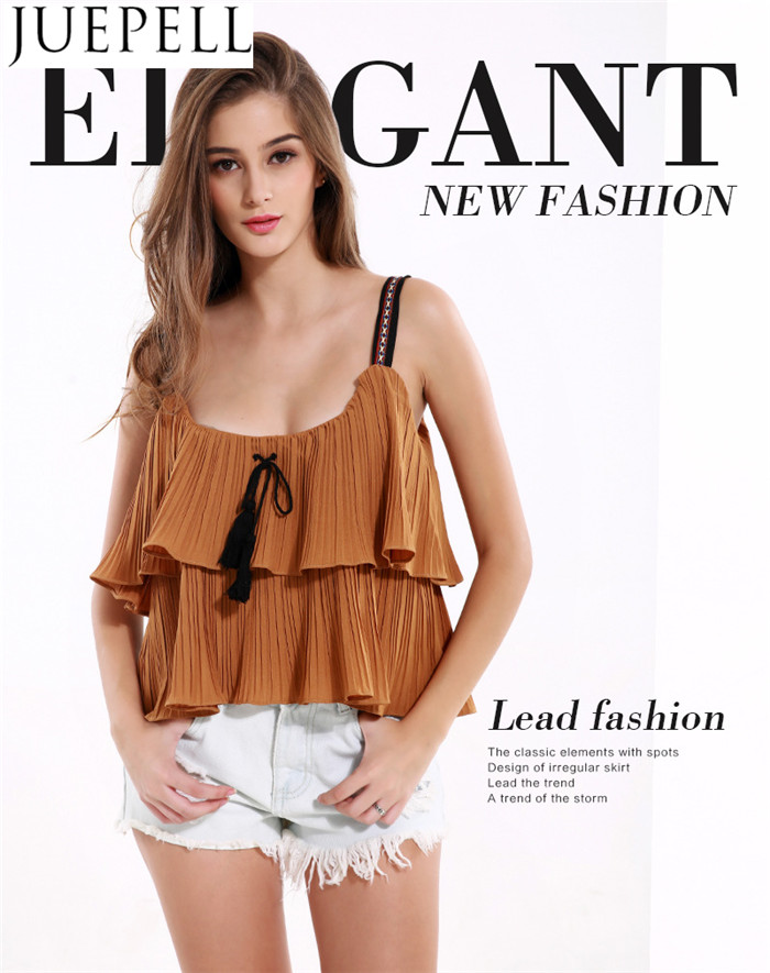 European and American Women New Summer Solid Color Top Laminated Flounced Fold Bandage Strapless Harness Small Shirt Women Vest Blouse