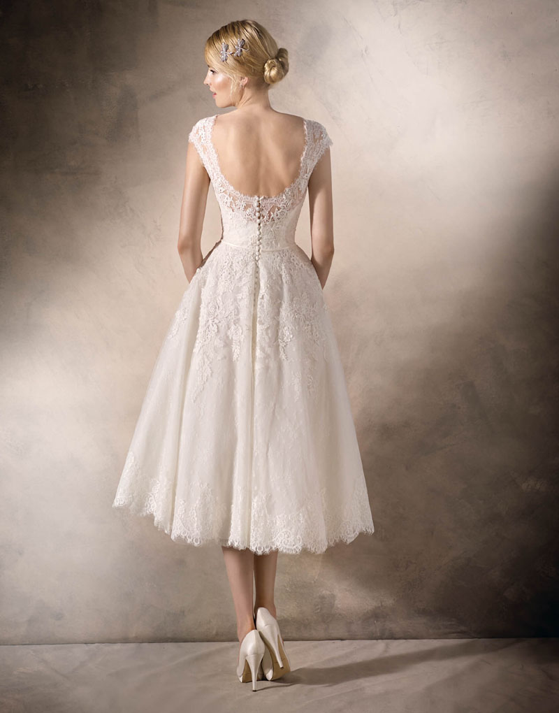 Delicate Lace and Tulle Short Wedding Dress with Guipure and Gemstone Appliques