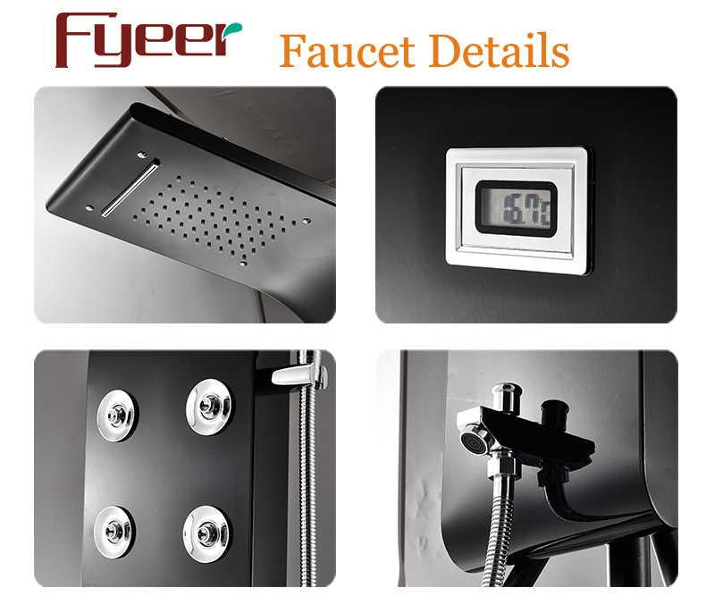 Fyeer Temperature Display Massage Rainfall Stainless Steel Black Shower Panel