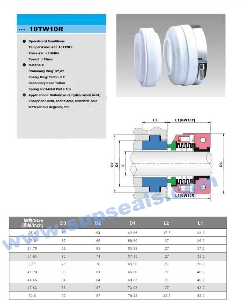 White Teflon Elastomer Bellow Mechanical Seal 10t/10r