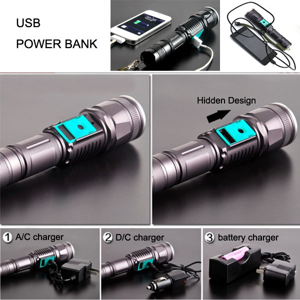 Classic Hidden USB Power Bank Design Zoom T6 LED Flashlight