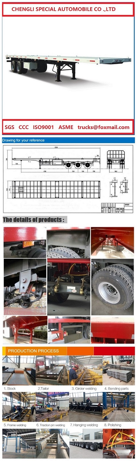 20tons to 100tons Trailer Flatbed Type Semi Trailer