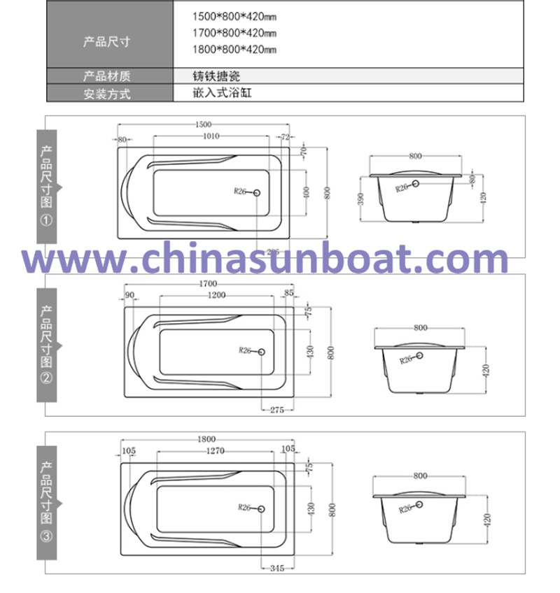 Sunboat Embedded Cast Iron Bathtub with Handrail Oordinary, Household Bathtub/ Enamel Bathtub