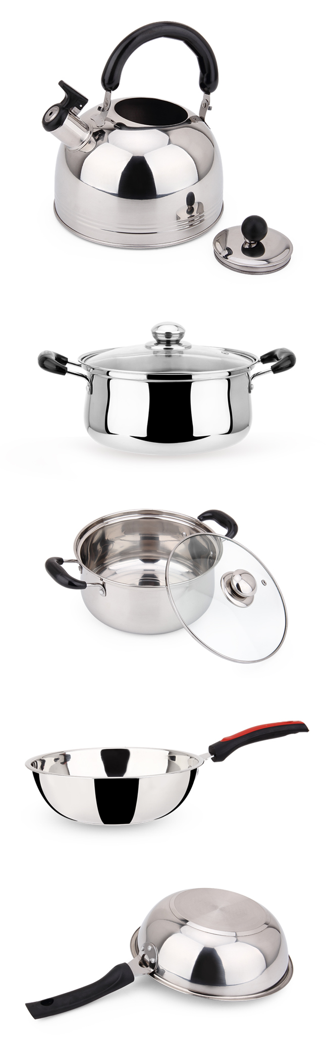 High Quality Stainless Steel Cookware Set with Kettle & Stock Pot & Fry Pan