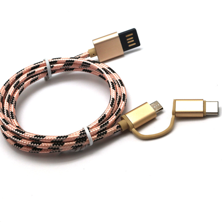 Factory Price 2 in 1 Nylon Braided Micro USB Cable with Type C Port