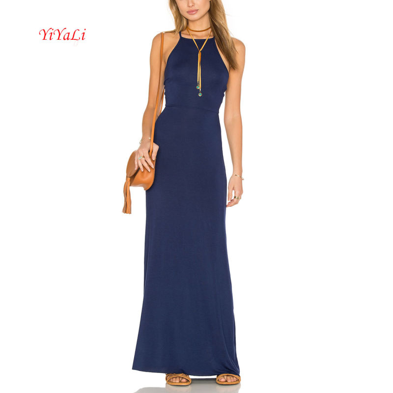 Cut out Strap Neckline Sleeveless Blue Sexy Long Dress