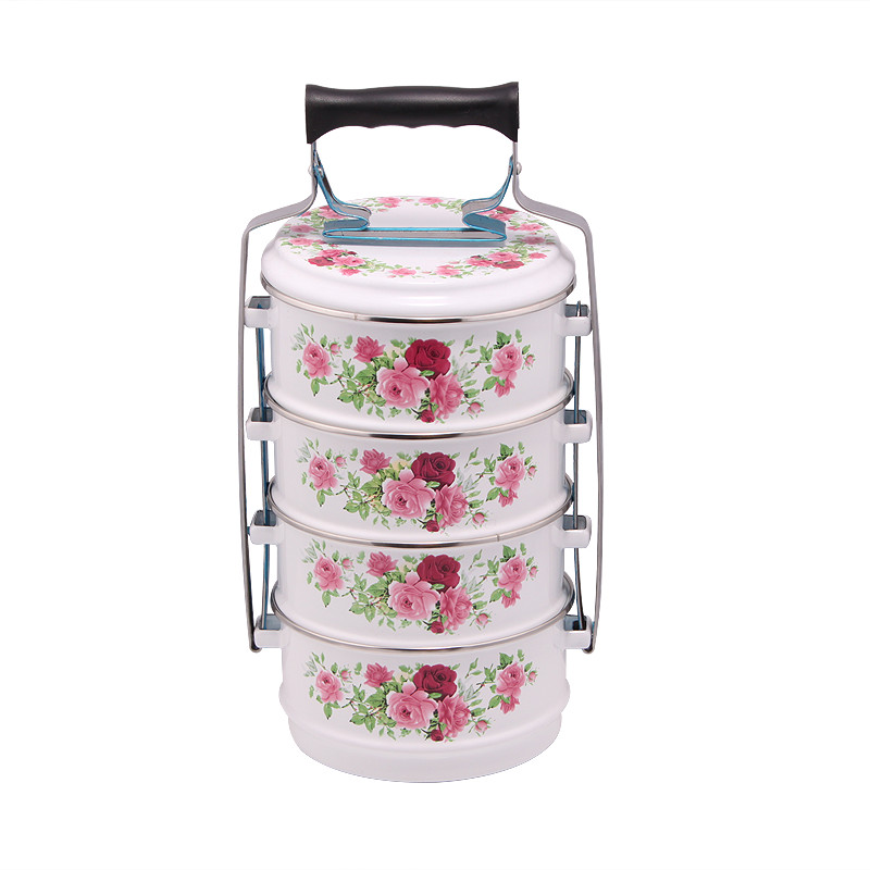 (LONGFEI) Home Use Malaysian Style 4 Layers Enamel Decal Food Carrier