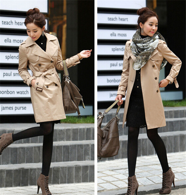 Korean Style Women Slimming Long Double Breasted Lapel Overcoat Trench Coat