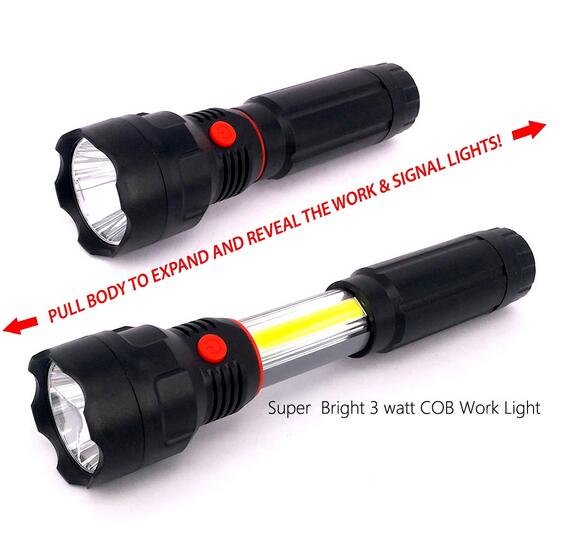 4 AAA Battery Powered LED Work Light 3W COB LED Retractable Flashlight