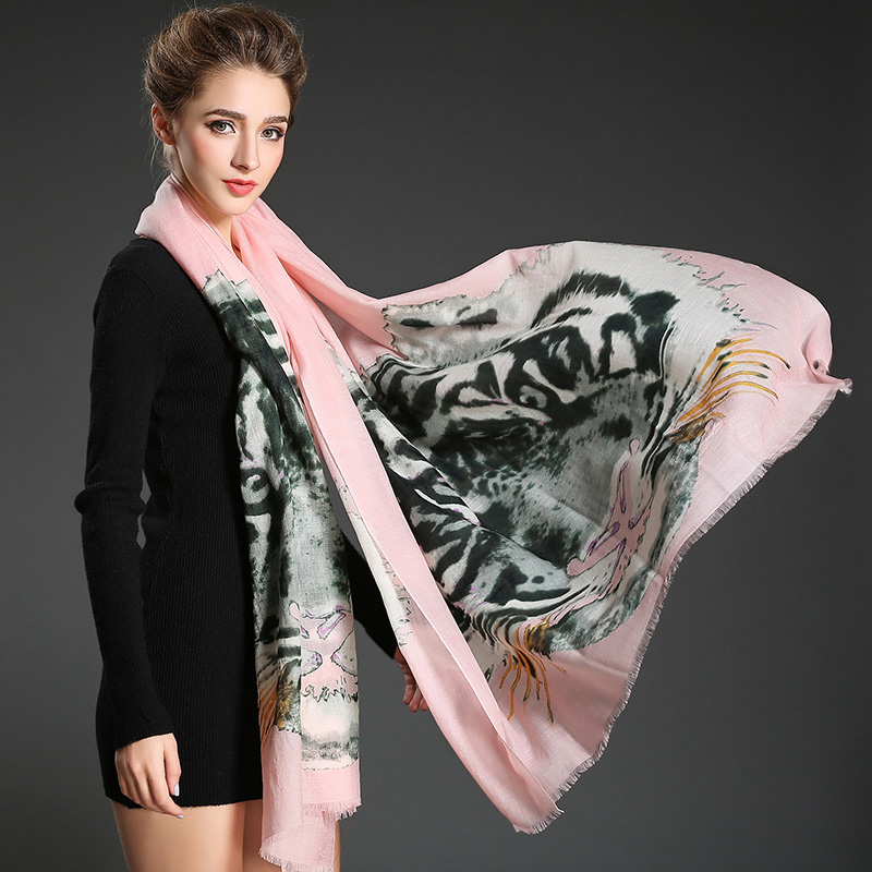 Ms. Long Wool Tiger Pattern Digital Printing Pink Scarf